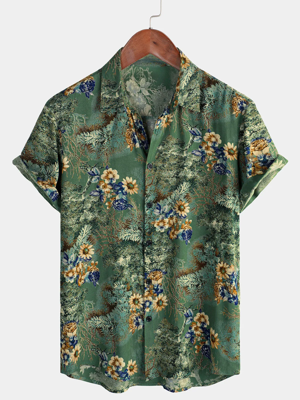 Men's Retro Floral Green Summer Holiday Short Sleeve Shirt