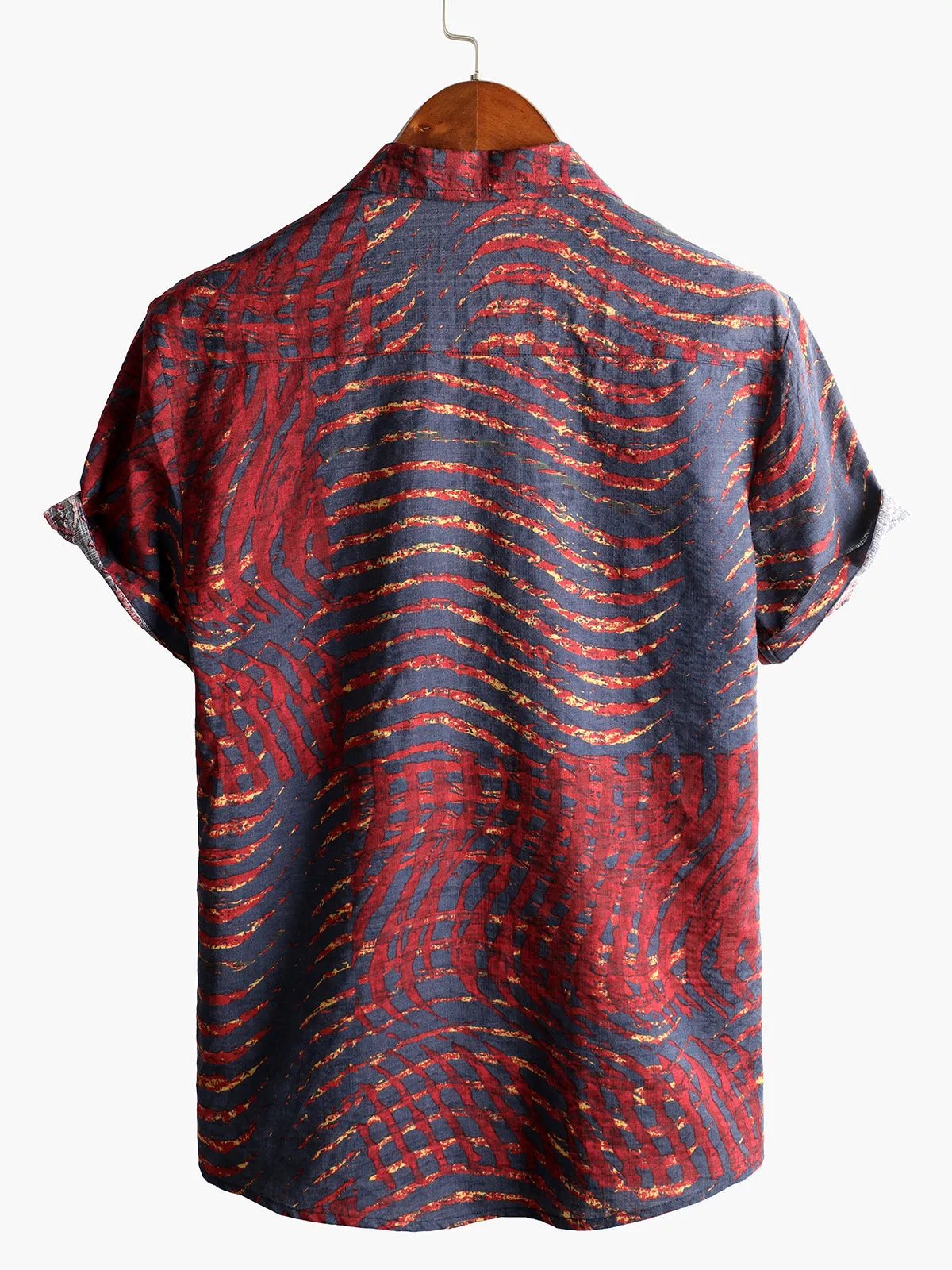 Men's Short Sleeve Striped Printed Retro Cotton Shirt