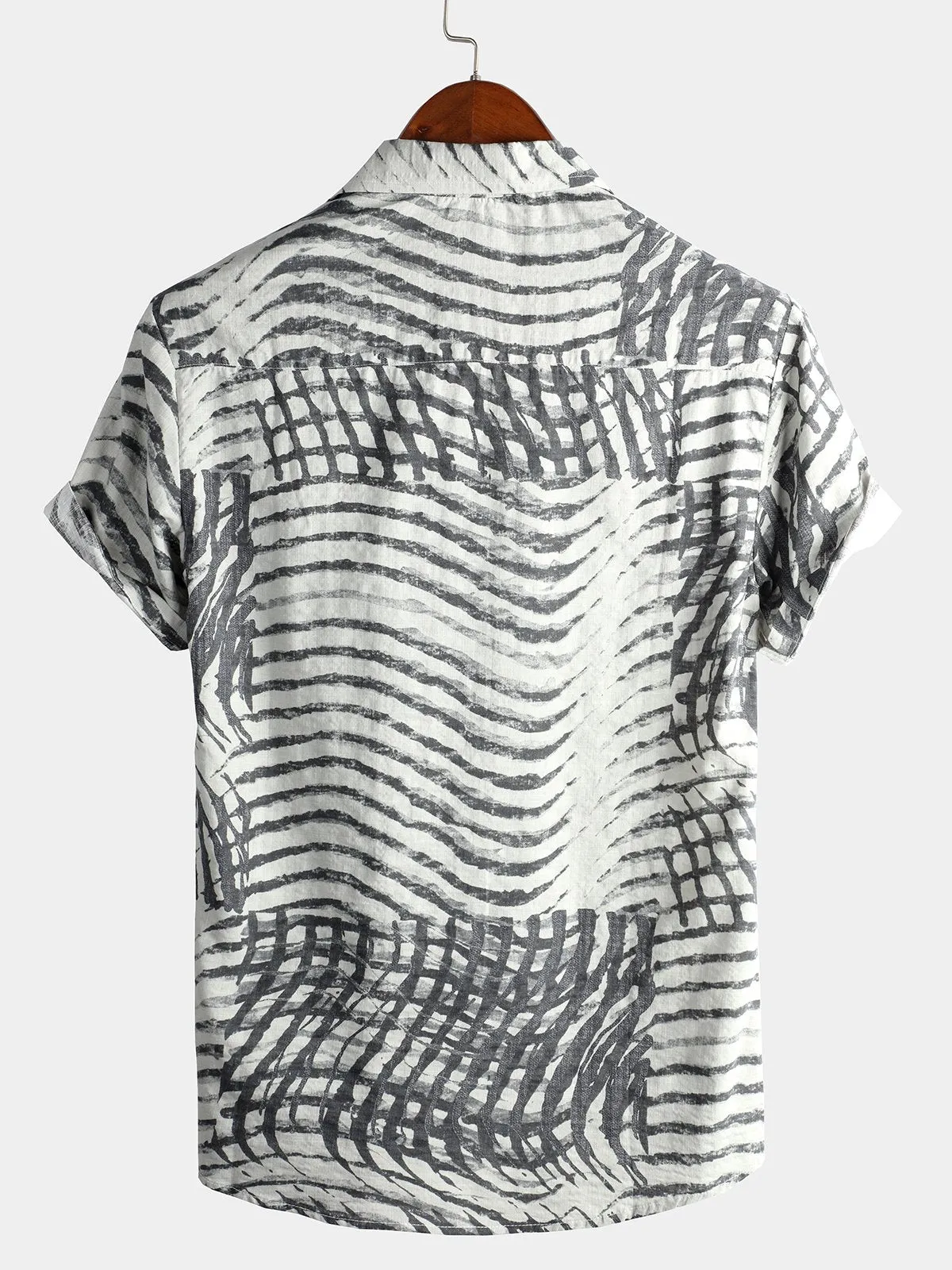 Men's Short Sleeve Striped Printed Retro Cotton Shirt