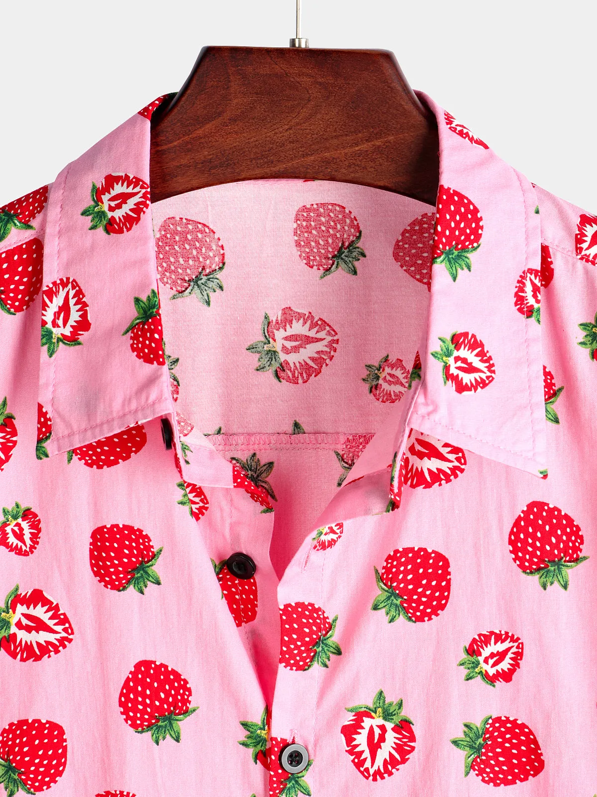 Men's Strawberry Print Fruit Hawaiian Short Sleeve Resort Cotton Collared Shirt
