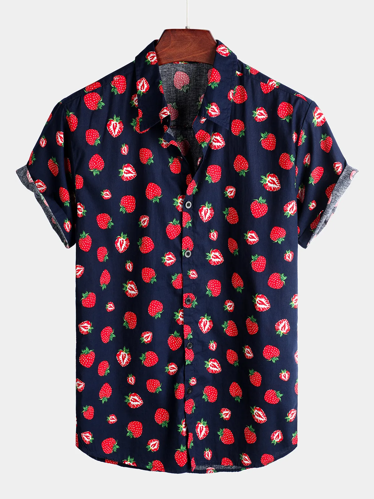 Men's Strawberry Print Fruit Hawaiian Short Sleeve Resort Cotton Collared Shirt