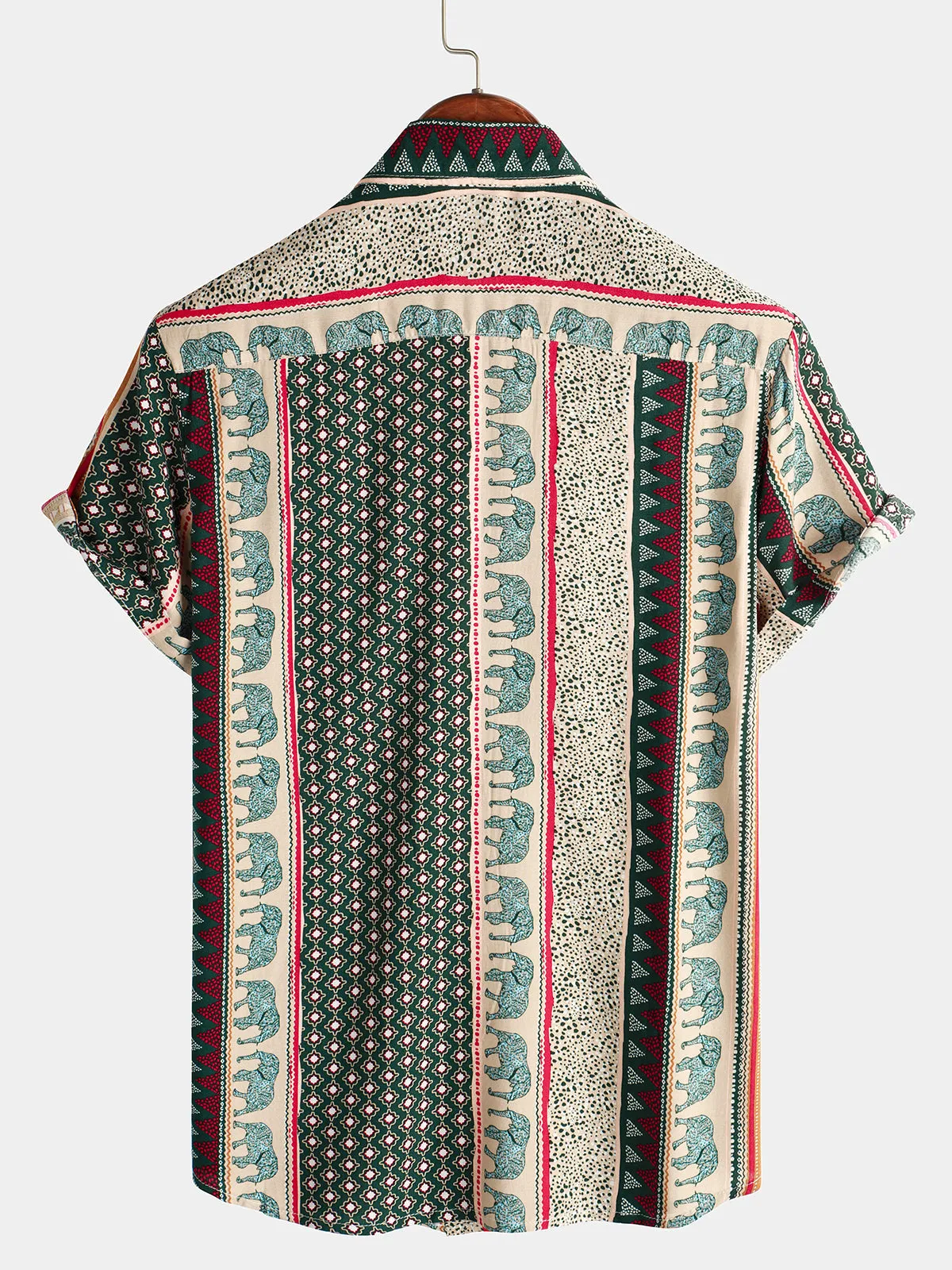 Men's Striped Elephant Print Retro Button Up Green Top Short Sleeve Shirt
