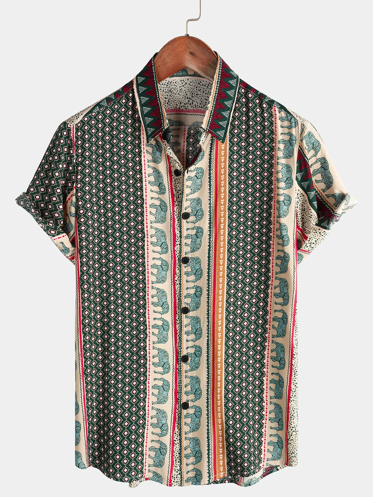 Men's Striped Elephant Print Retro Button Up Green Top Short Sleeve Shirt