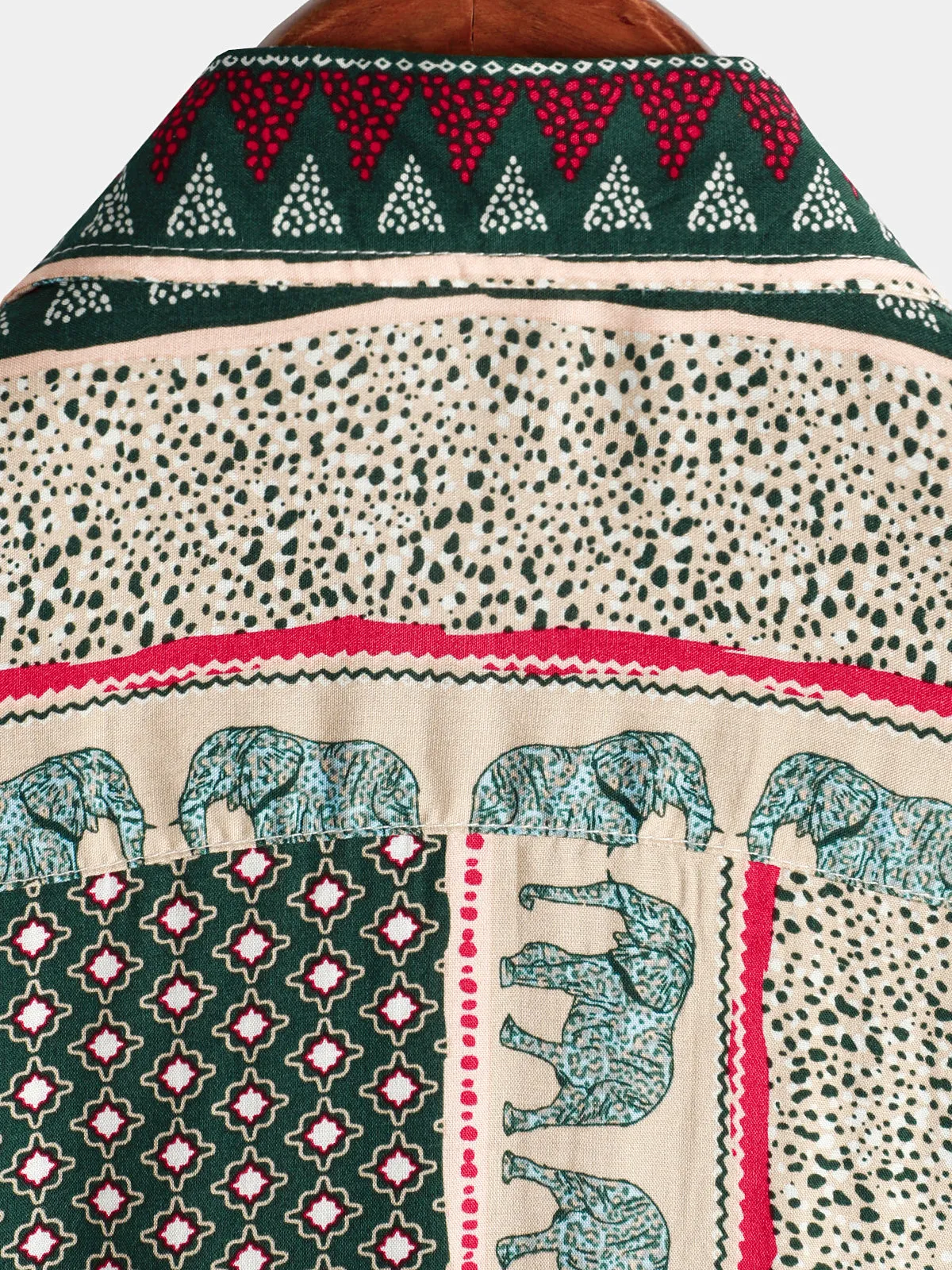 Men's Striped Elephant Print Retro Button Up Green Top Short Sleeve Shirt
