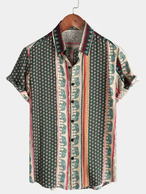 Men's Striped Elephant Print Retro Button Up Green Top Short Sleeve Shirt