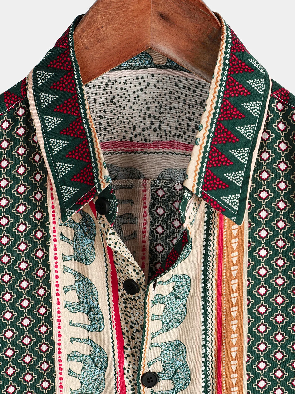 Men's Striped Elephant Print Retro Button Up Green Top Short Sleeve Shirt