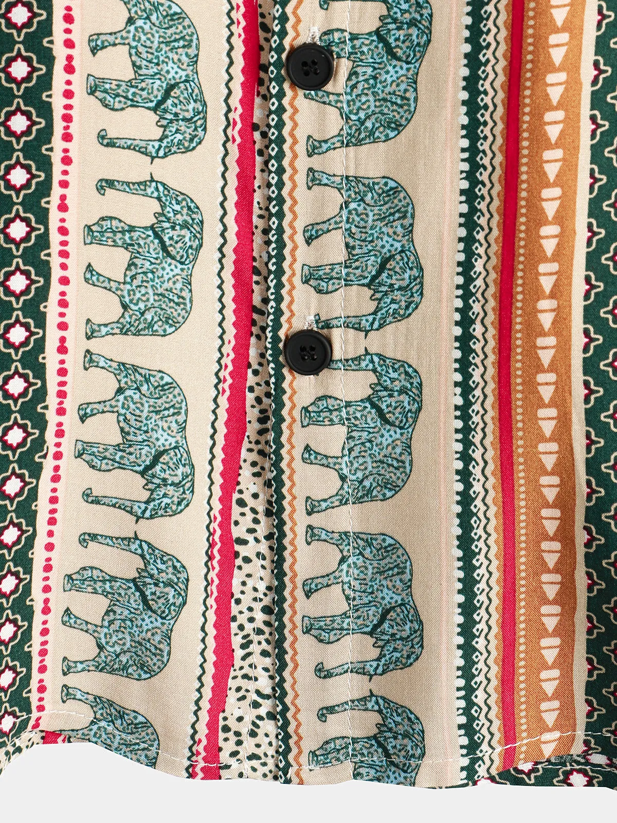 Men's Striped Elephant Print Retro Button Up Green Top Short Sleeve Shirt