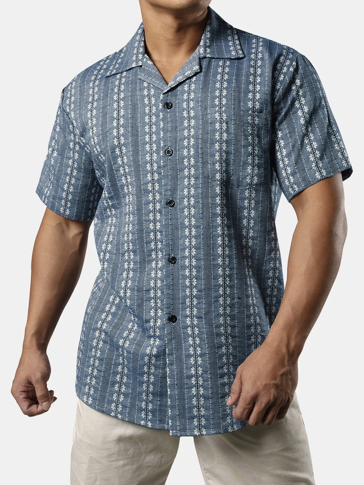 Men's Summer Camp Floral Jacquard Cuban Guayabera Casual Button Short Sleeve Hawaiian Beach Shirt