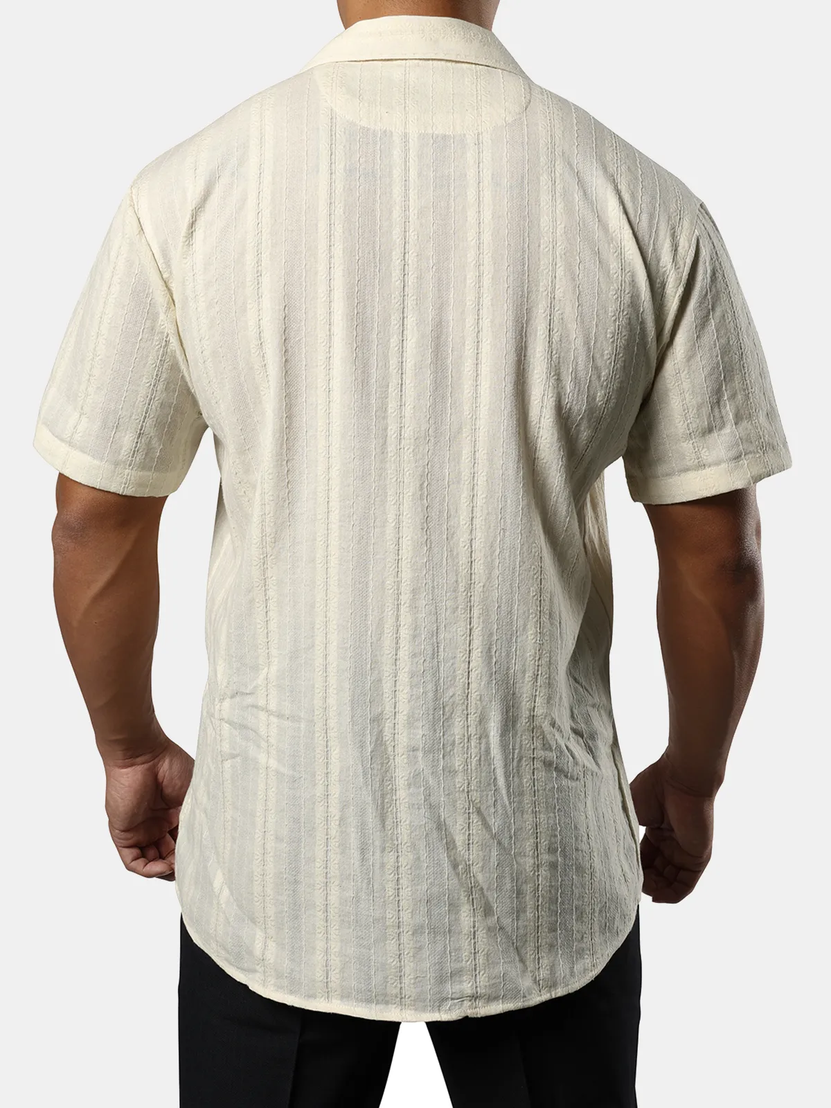 Men's Summer Camp Floral Jacquard Cuban Guayabera Casual Button Short Sleeve Hawaiian Beach Shirt