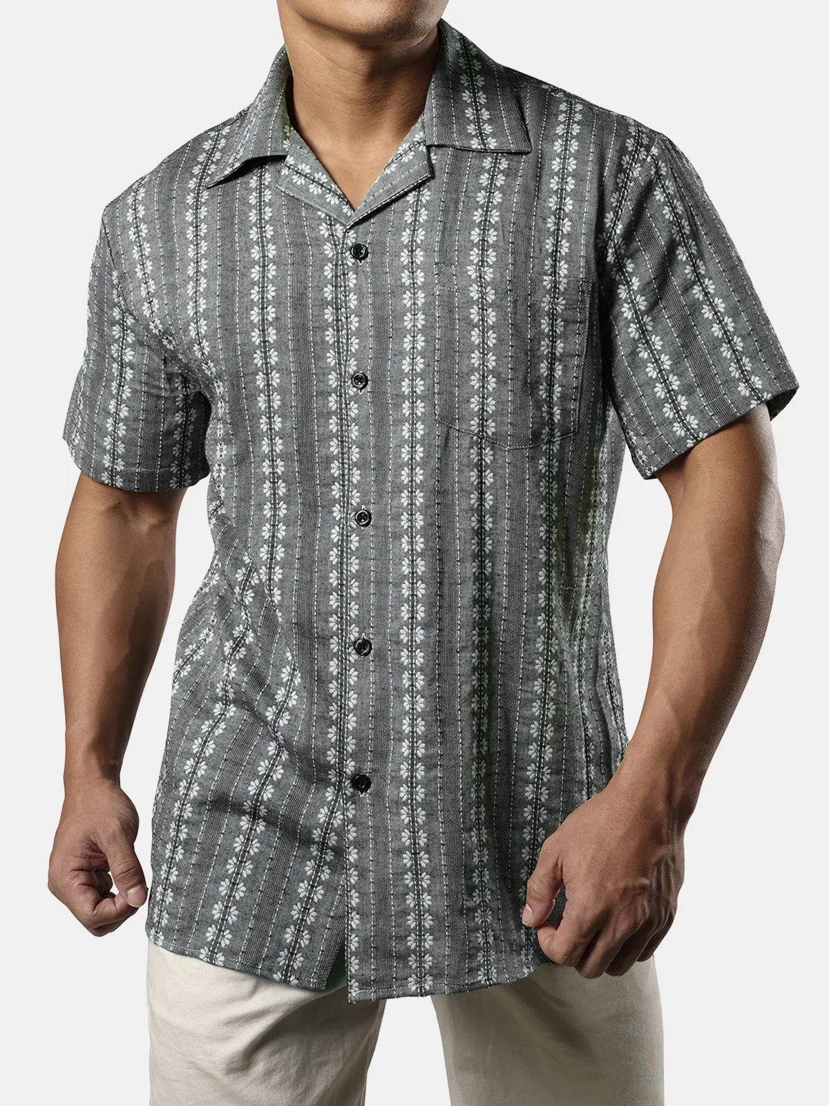 Men's Summer Camp Floral Jacquard Cuban Guayabera Casual Button Short Sleeve Hawaiian Beach Shirt