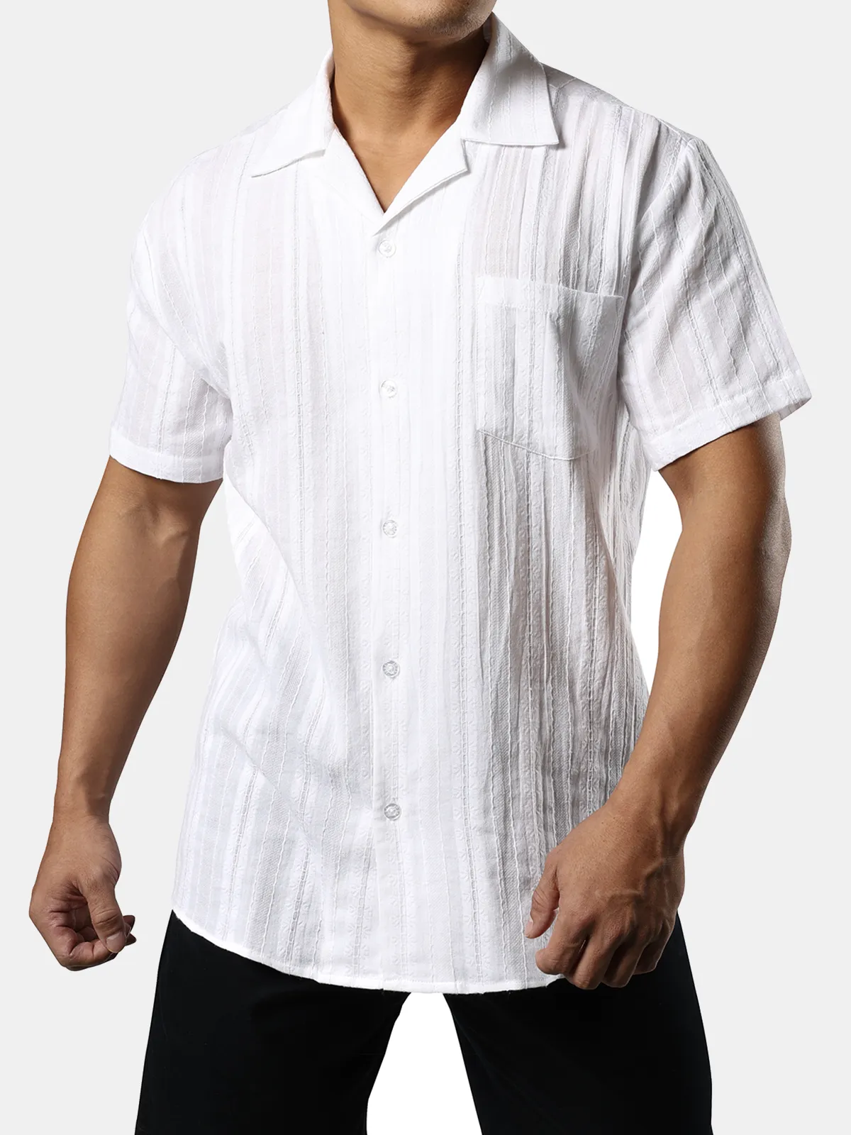 Men's Summer Camp Floral Jacquard Cuban Guayabera Casual Button Short Sleeve Hawaiian Beach Shirt