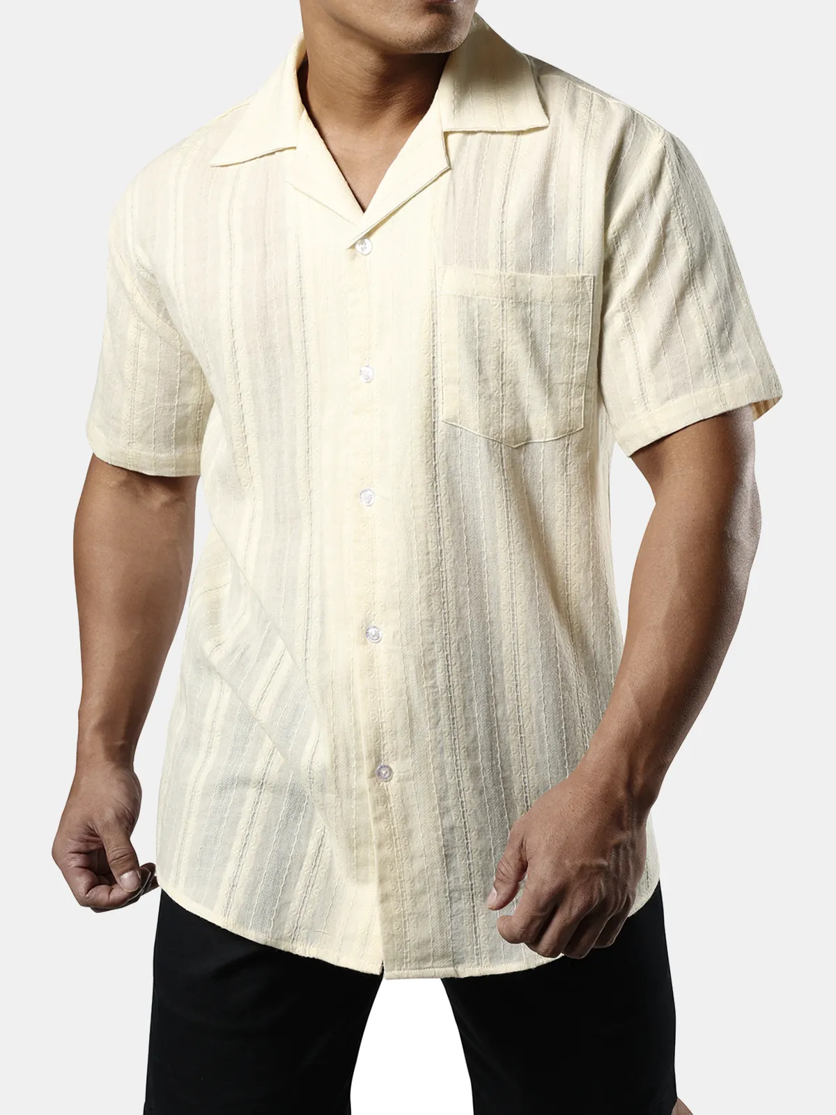 Men's Summer Camp Floral Jacquard Cuban Guayabera Casual Button Short Sleeve Hawaiian Beach Shirt