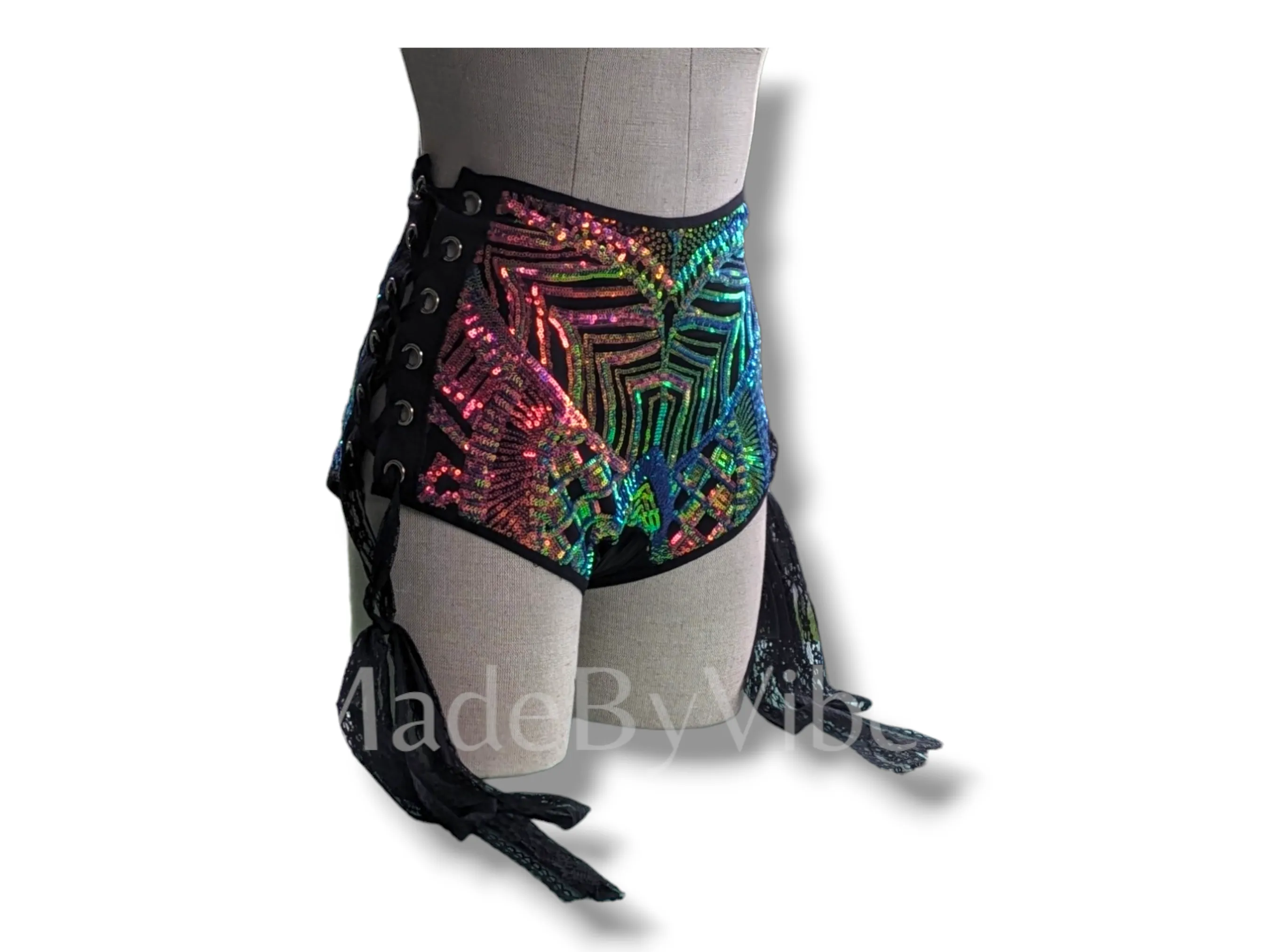 Midnight Aurora High Waisted Side Lace Booty Shorts - Made To Order