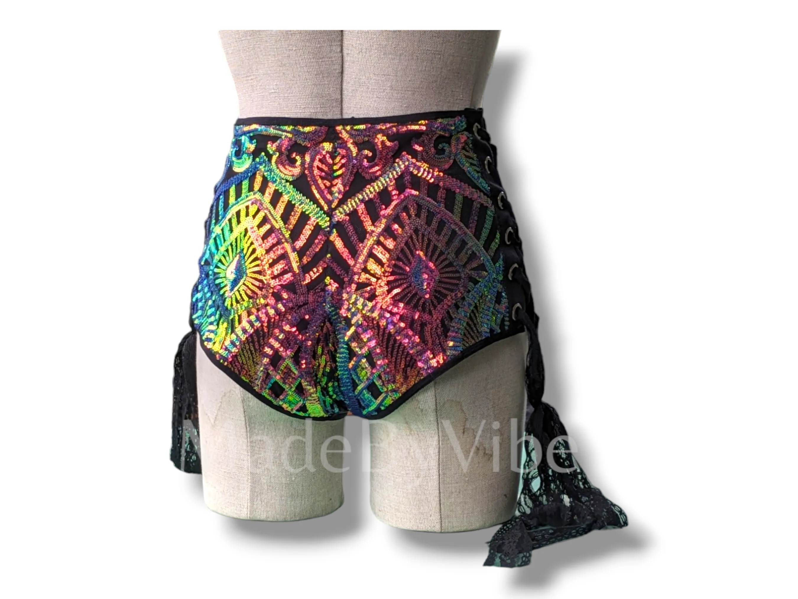 Midnight Aurora High Waisted Side Lace Booty Shorts - Made To Order