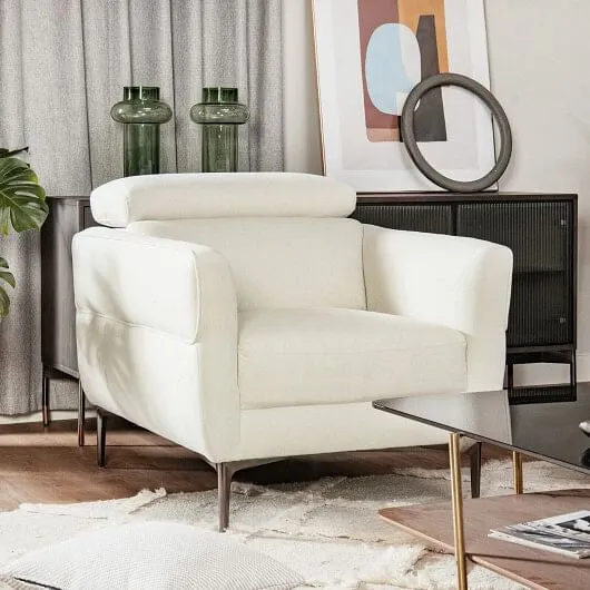 Modern Upholstered Single Sofa with Adjustable Headrest and Stable Metal Legs-Wh