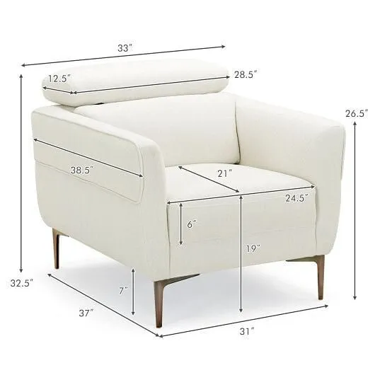 Modern Upholstered Single Sofa with Adjustable Headrest and Stable Metal Legs-Wh