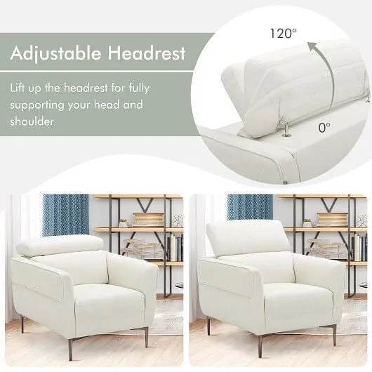 Modern Upholstered Single Sofa with Adjustable Headrest and Stable Metal Legs-Wh