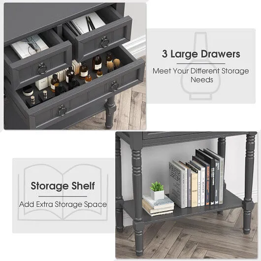 Narrow Console Table with 3 Storage Drawers and Open Bottom Shelf-Gray - Color: