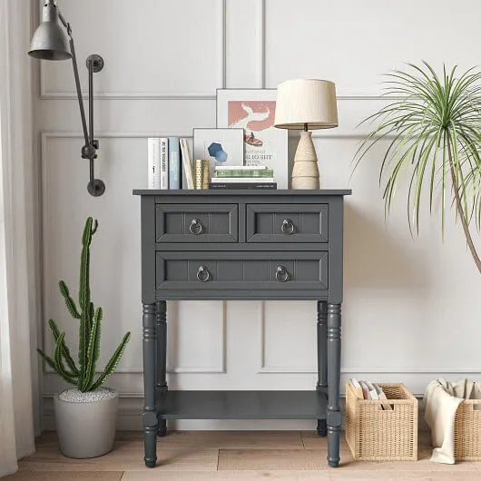 Narrow Console Table with 3 Storage Drawers and Open Bottom Shelf-Gray - Color: