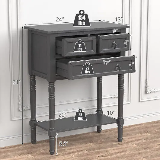 Narrow Console Table with 3 Storage Drawers and Open Bottom Shelf-Gray - Color:
