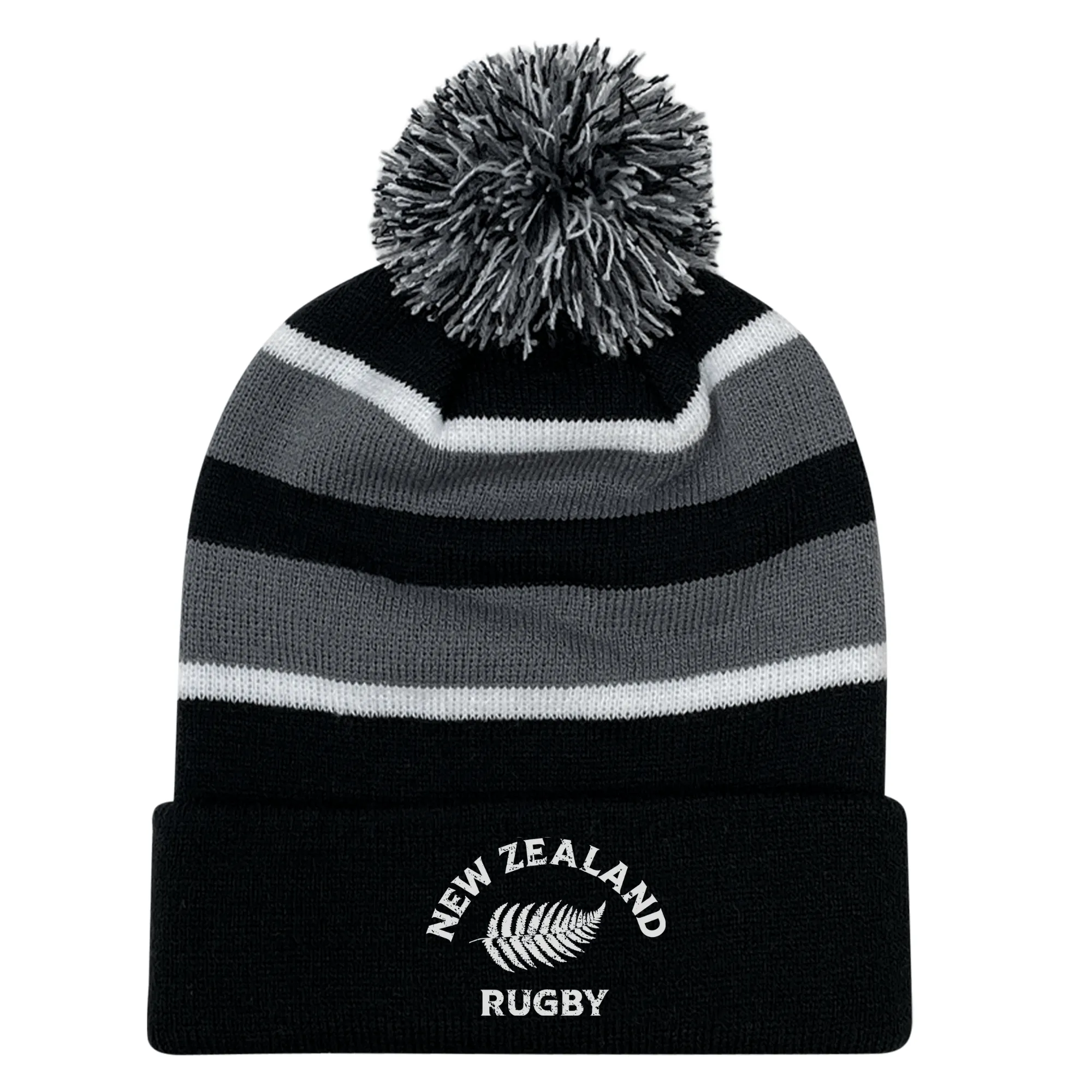 Nations of Rugby New Zealand Hooped Pom-Pom Beanie