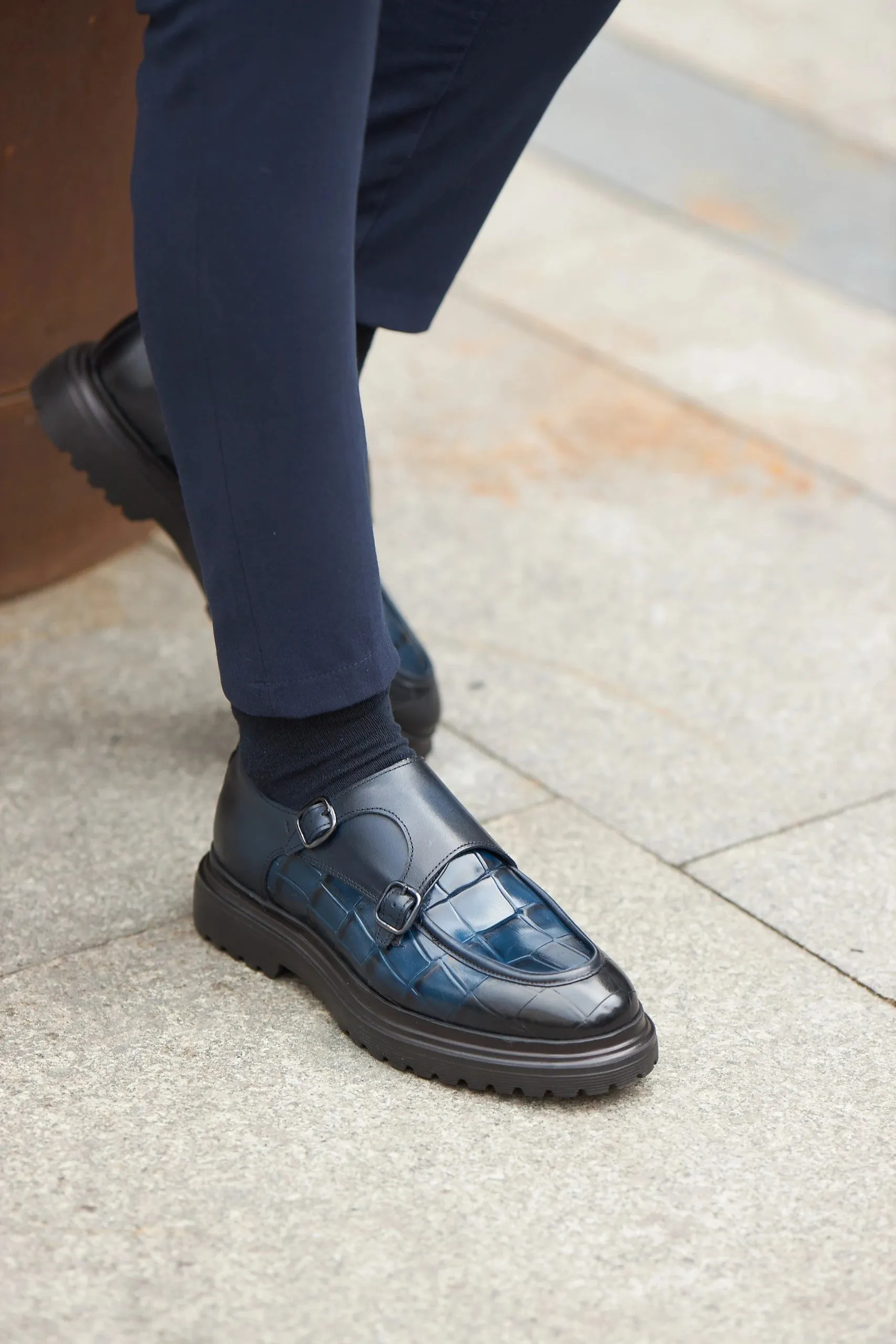 Navy Blue Croc Double Monk Strap Shoes