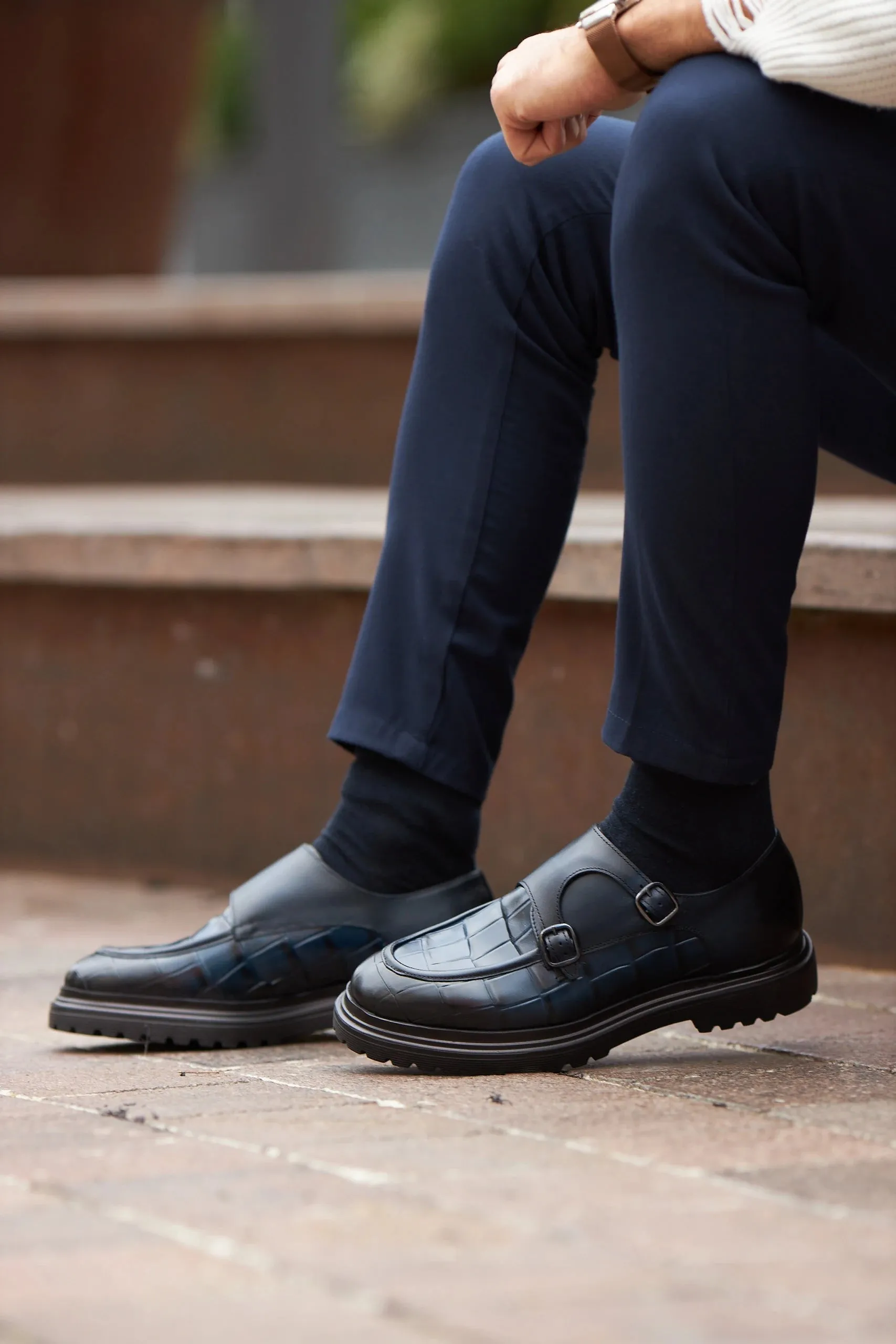 Navy Blue Croc Double Monk Strap Shoes