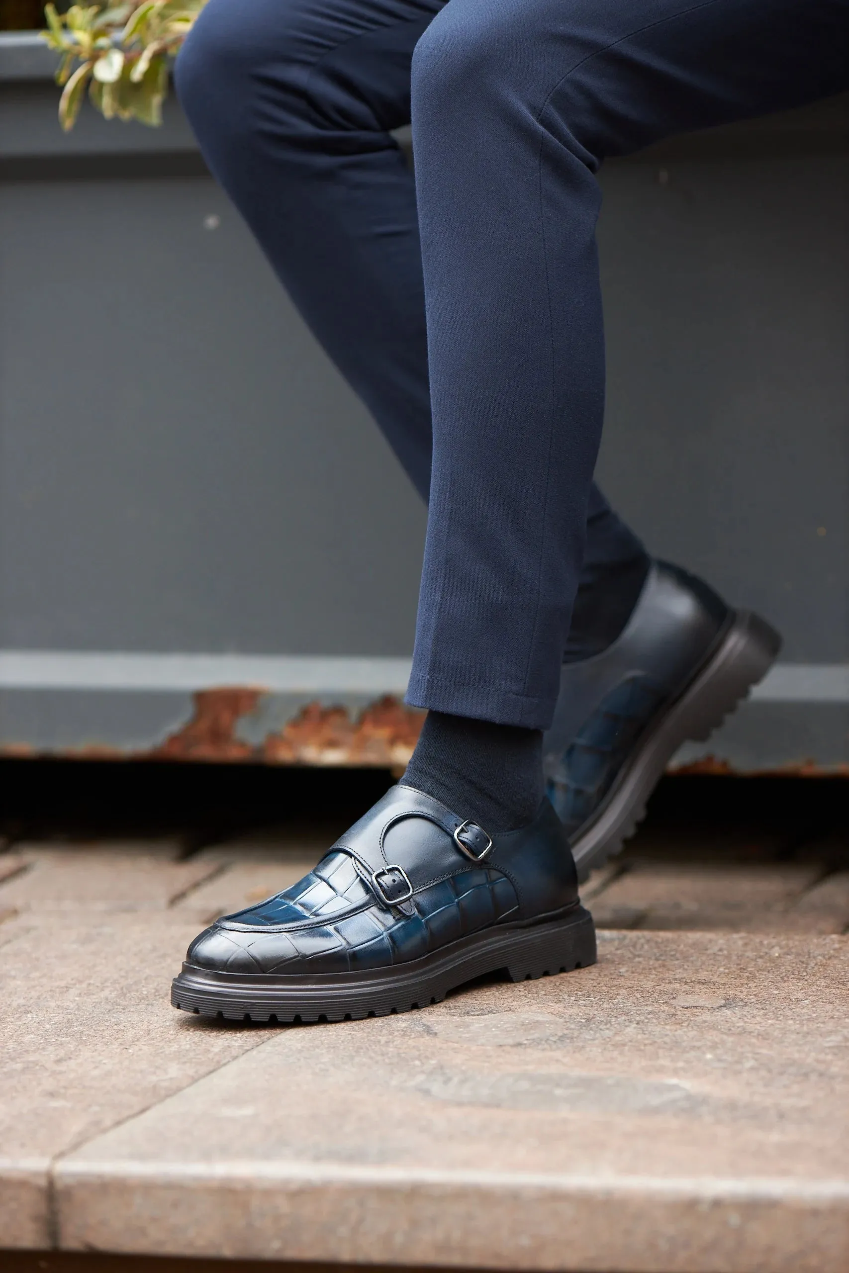 Navy Blue Croc Double Monk Strap Shoes