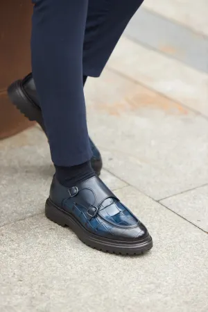 Navy Blue Croc Double Monk Strap Shoes