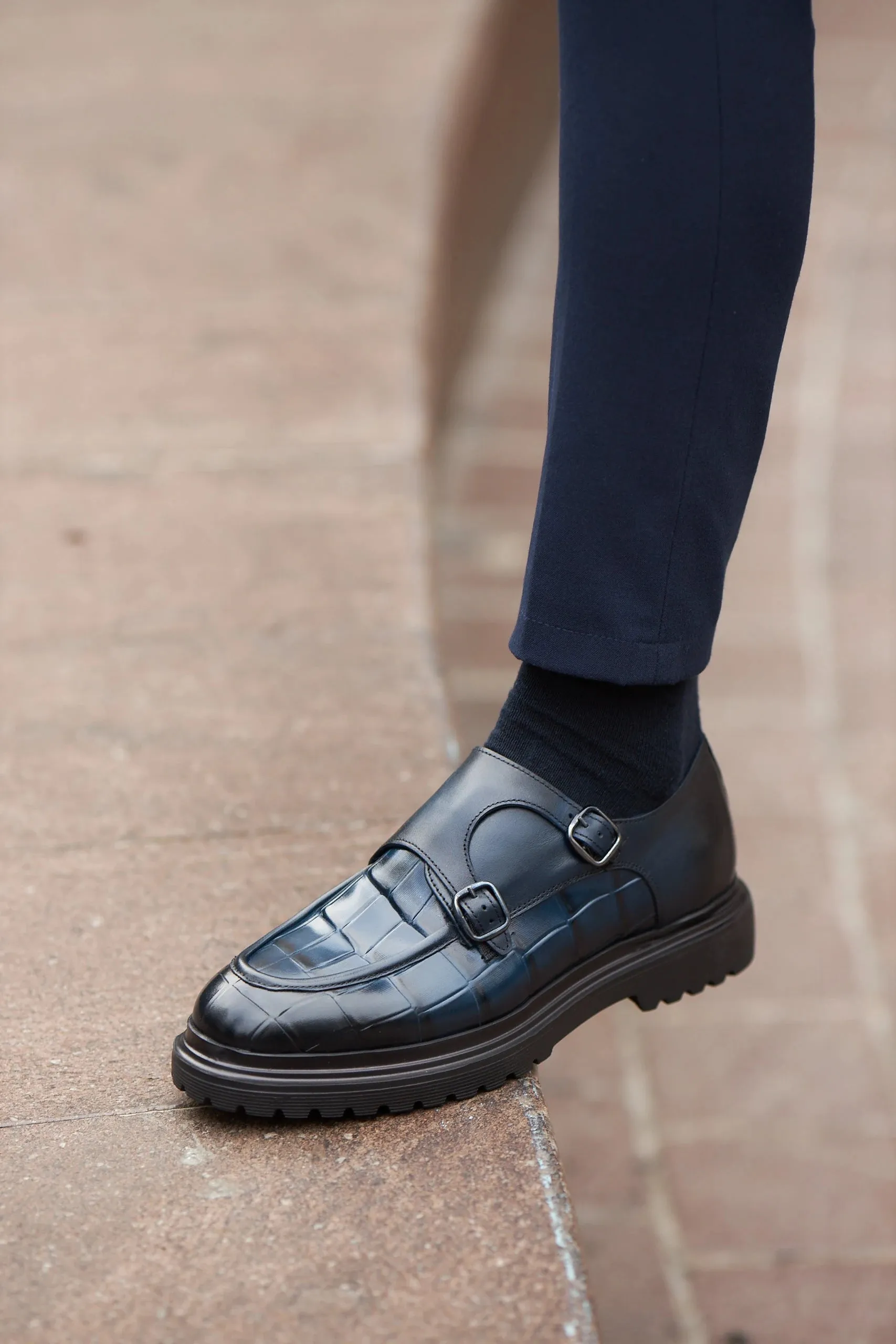 Navy Blue Croc Double Monk Strap Shoes