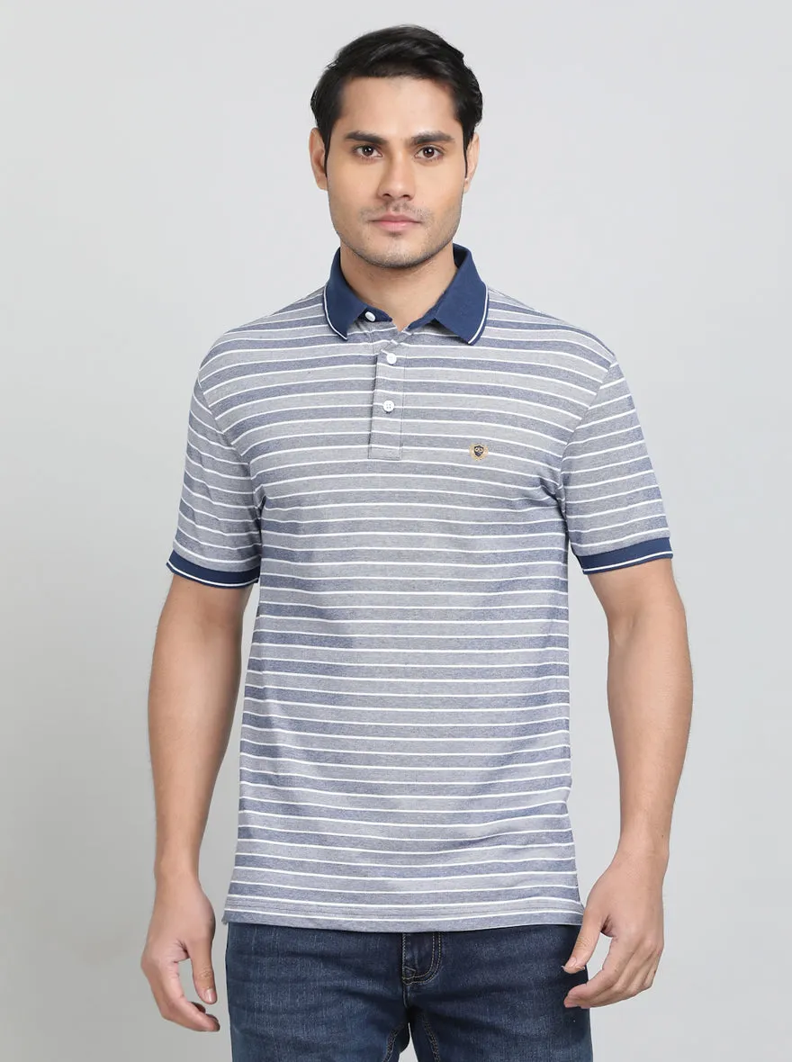 Navy Blue Striped Regular Fit Polo T-Shirt | JadeBlue