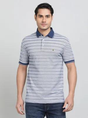 Navy Blue Striped Regular Fit Polo T-Shirt | JadeBlue