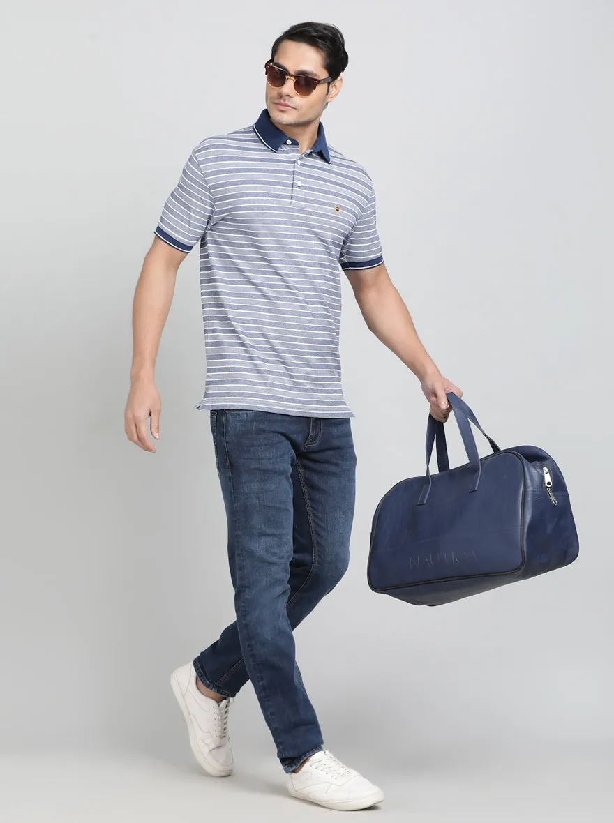 Navy Blue Striped Regular Fit Polo T-Shirt | JadeBlue
