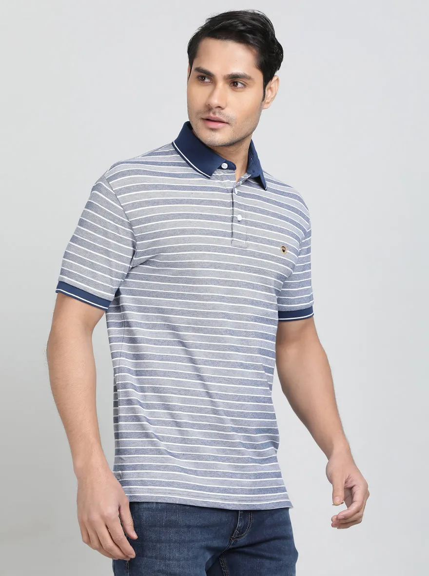 Navy Blue Striped Regular Fit Polo T-Shirt | JadeBlue