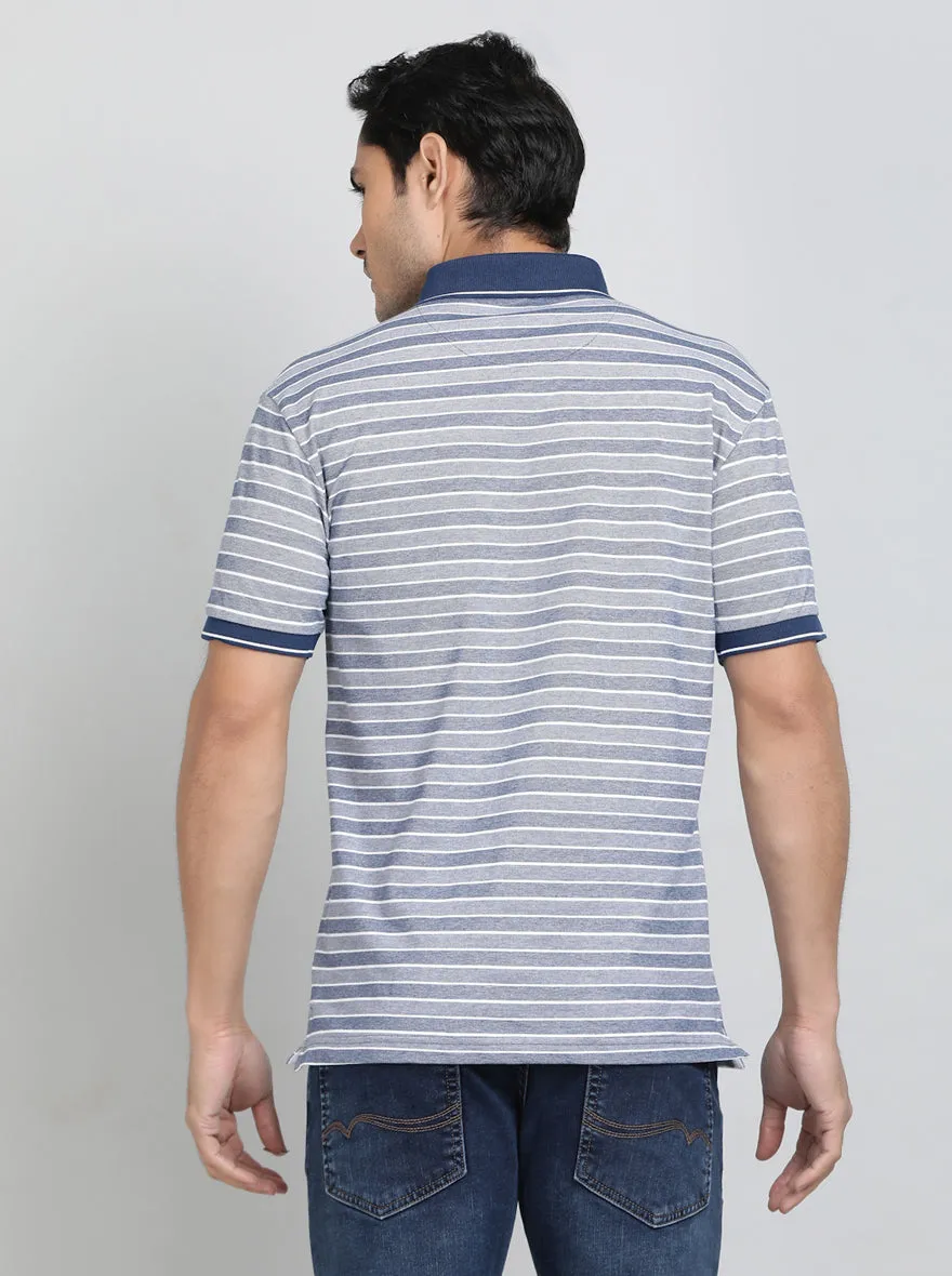 Navy Blue Striped Regular Fit Polo T-Shirt | JadeBlue