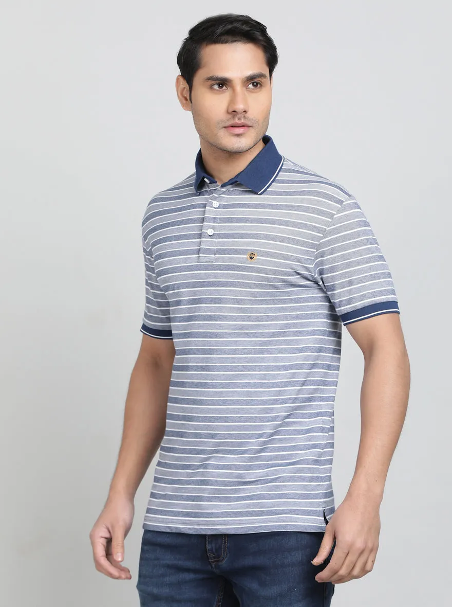 Navy Blue Striped Regular Fit Polo T-Shirt | JadeBlue