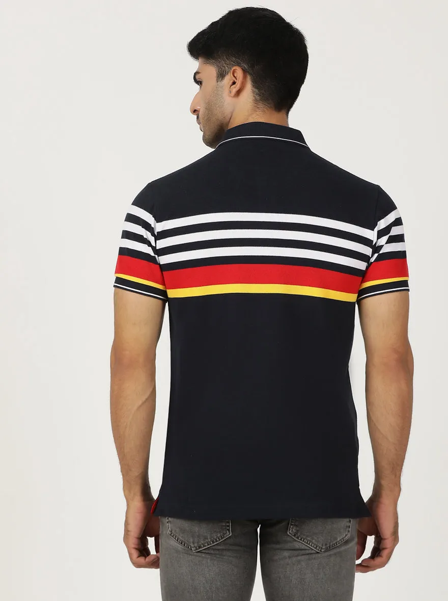 Navy Blue Striped Slim Fit Polo T-Shirt | Greenfibre