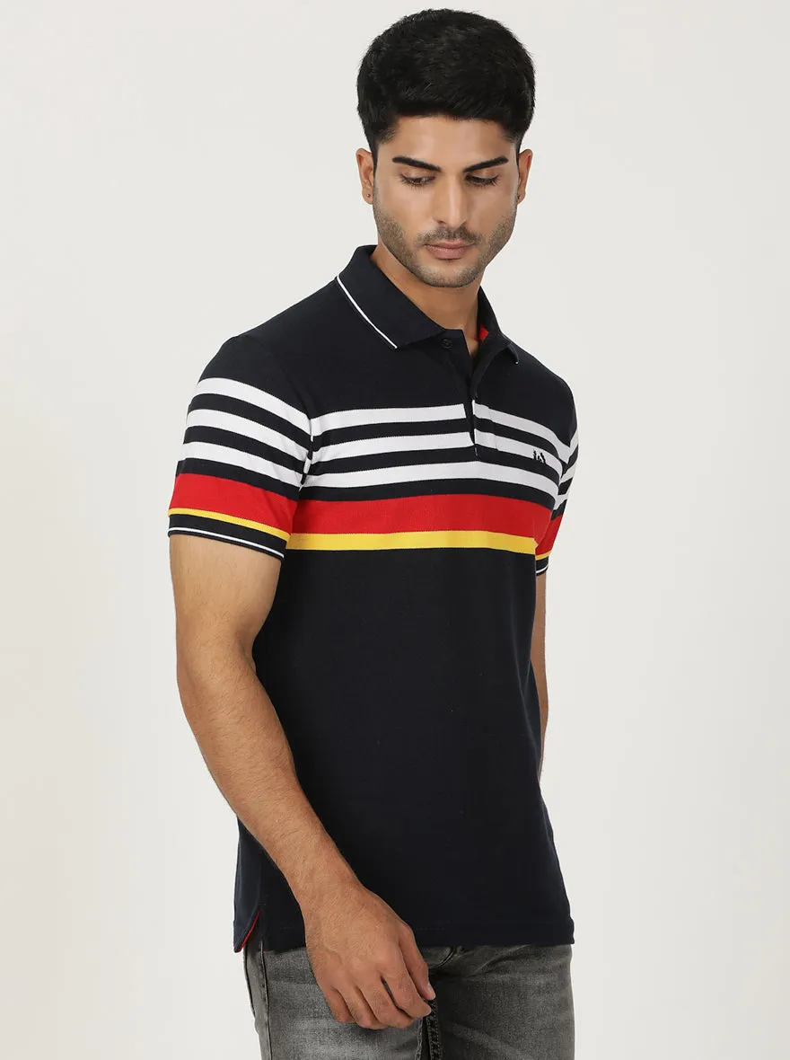 Navy Blue Striped Slim Fit Polo T-Shirt | Greenfibre