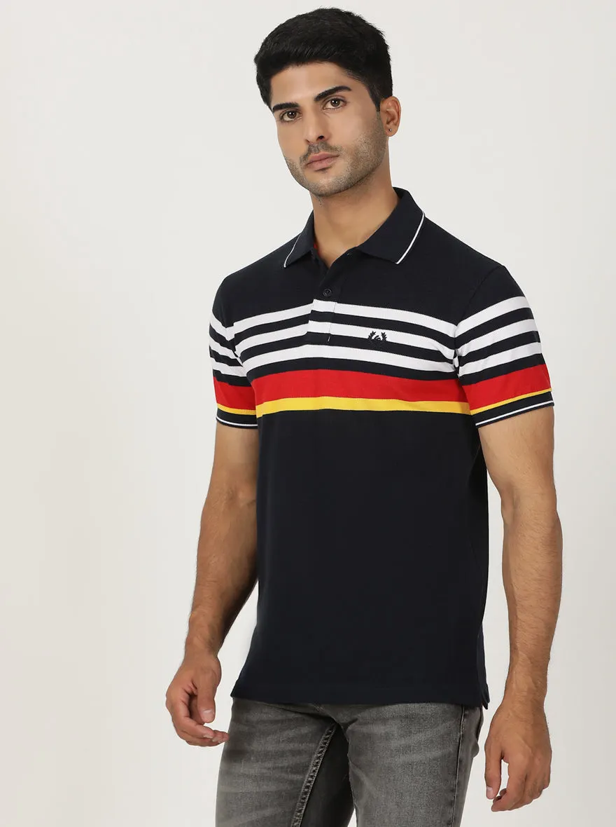 Navy Blue Striped Slim Fit Polo T-Shirt | Greenfibre