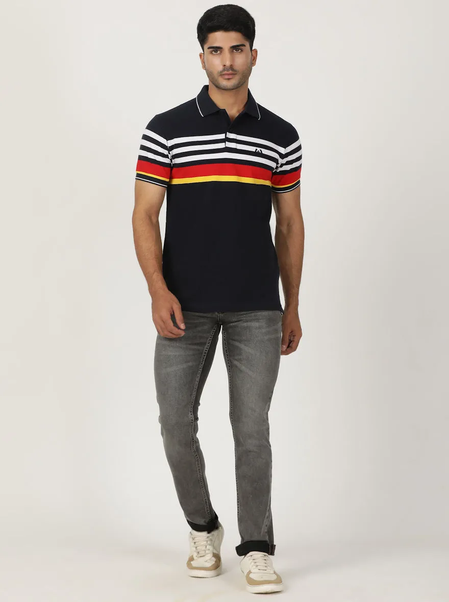 Navy Blue Striped Slim Fit Polo T-Shirt | Greenfibre