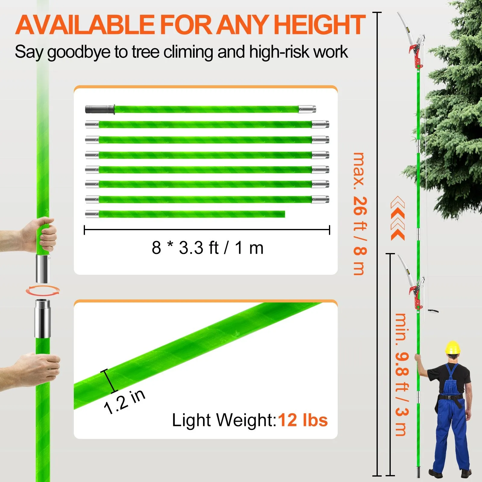 New 26 Foot Pruning Saw, Alloy Steel Tree Pruner, Extension Pole, Tree Pruner Extendable, Tree Trimmers Long Handle for Sawing and Shearing