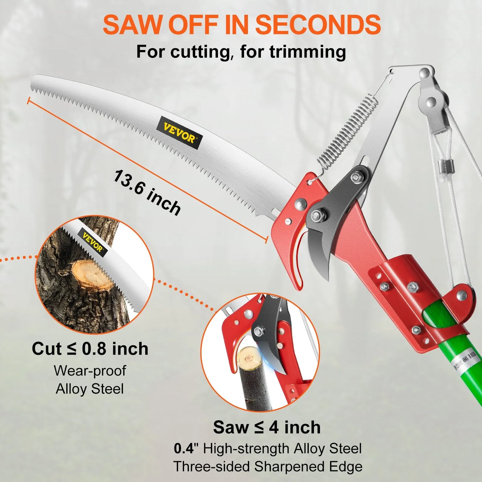 New 26 Foot Pruning Saw, Alloy Steel Tree Pruner, Extension Pole, Tree Pruner Extendable, Tree Trimmers Long Handle for Sawing and Shearing