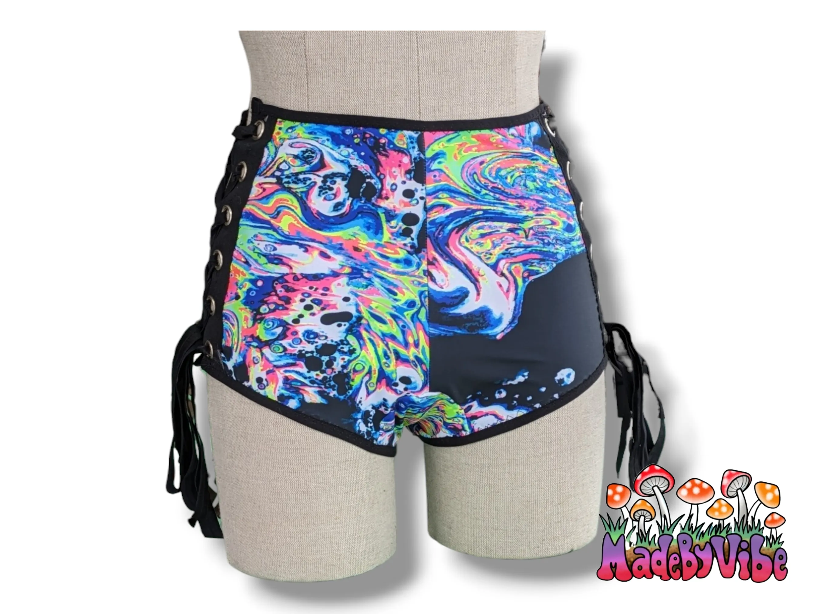 Oil Slick Lace Up High Waisted Booty Shorts - Ready to Ship
