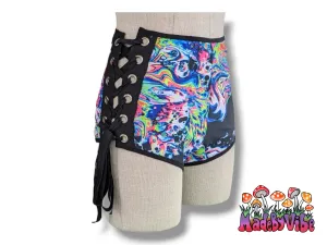 Oil Slick Lace Up High Waisted Booty Shorts - Ready to Ship