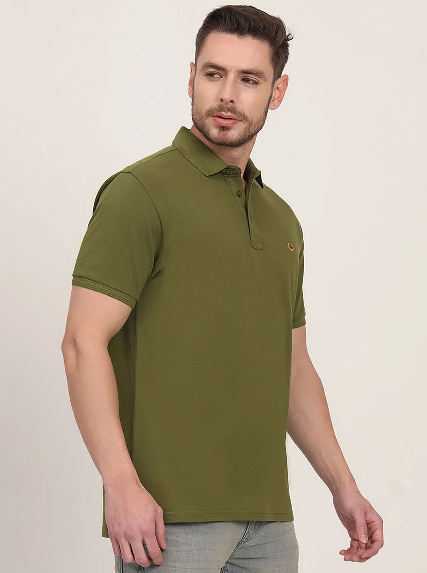Olive Solid Slim Fit Polo T-Shirt | JadeBlue