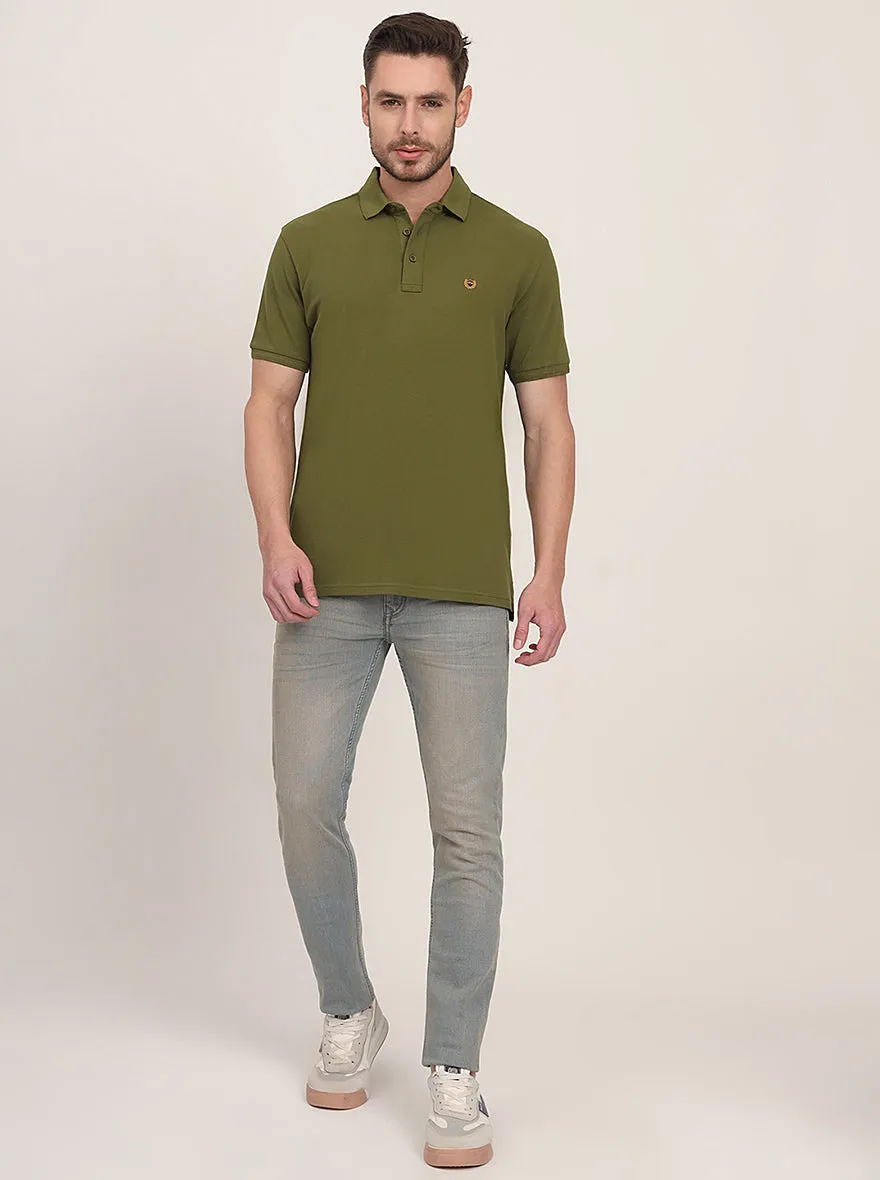 Olive Solid Slim Fit Polo T-Shirt | JadeBlue
