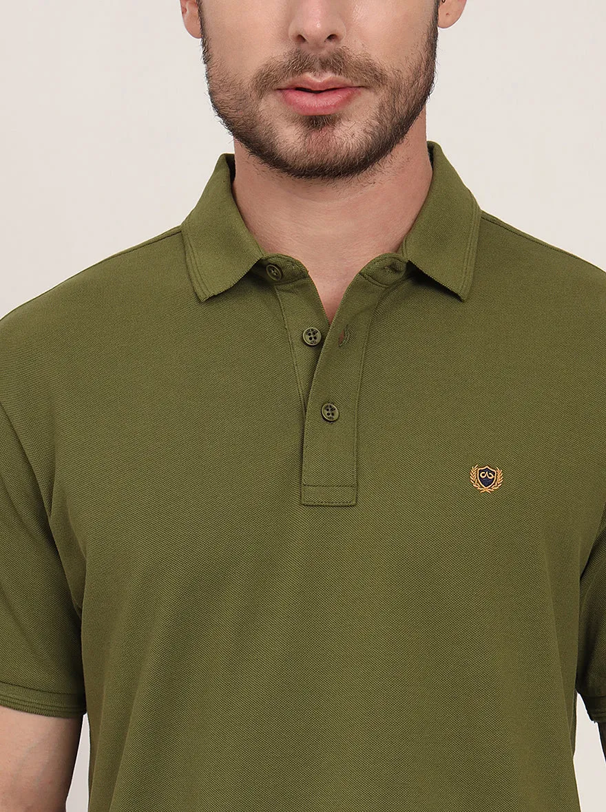 Olive Solid Slim Fit Polo T-Shirt | JadeBlue