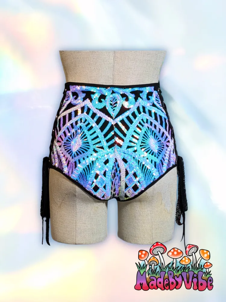Opal Treasure Sequin High Waisted Side lace Booty Shorts - Ready to Ship