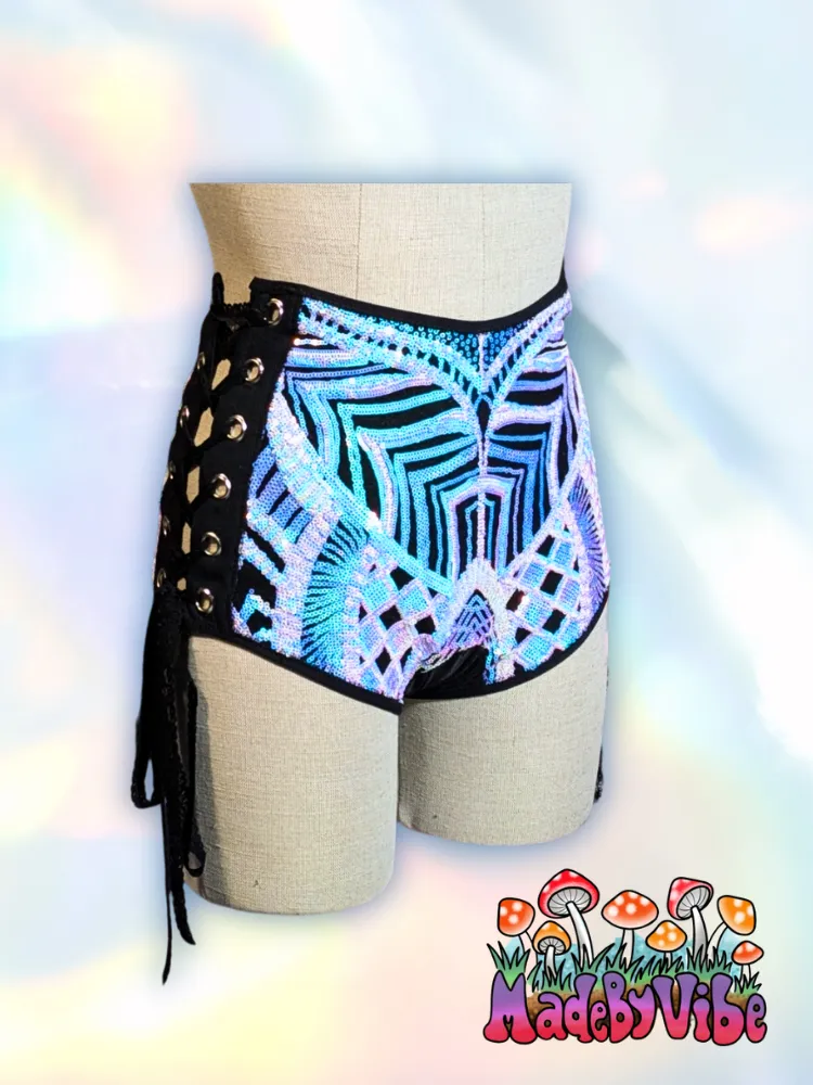 Opal Treasure Sequin High Waisted Side lace Booty Shorts - Ready to Ship