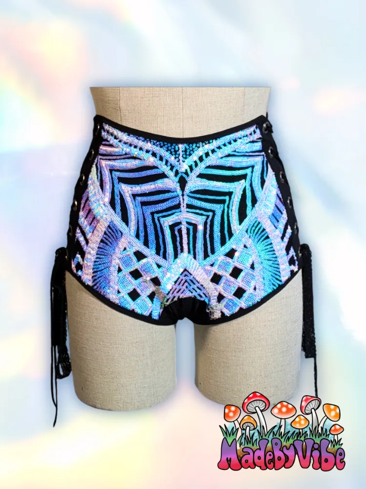 Opal Treasure Sequin High Waisted Side lace Booty Shorts - Ready to Ship